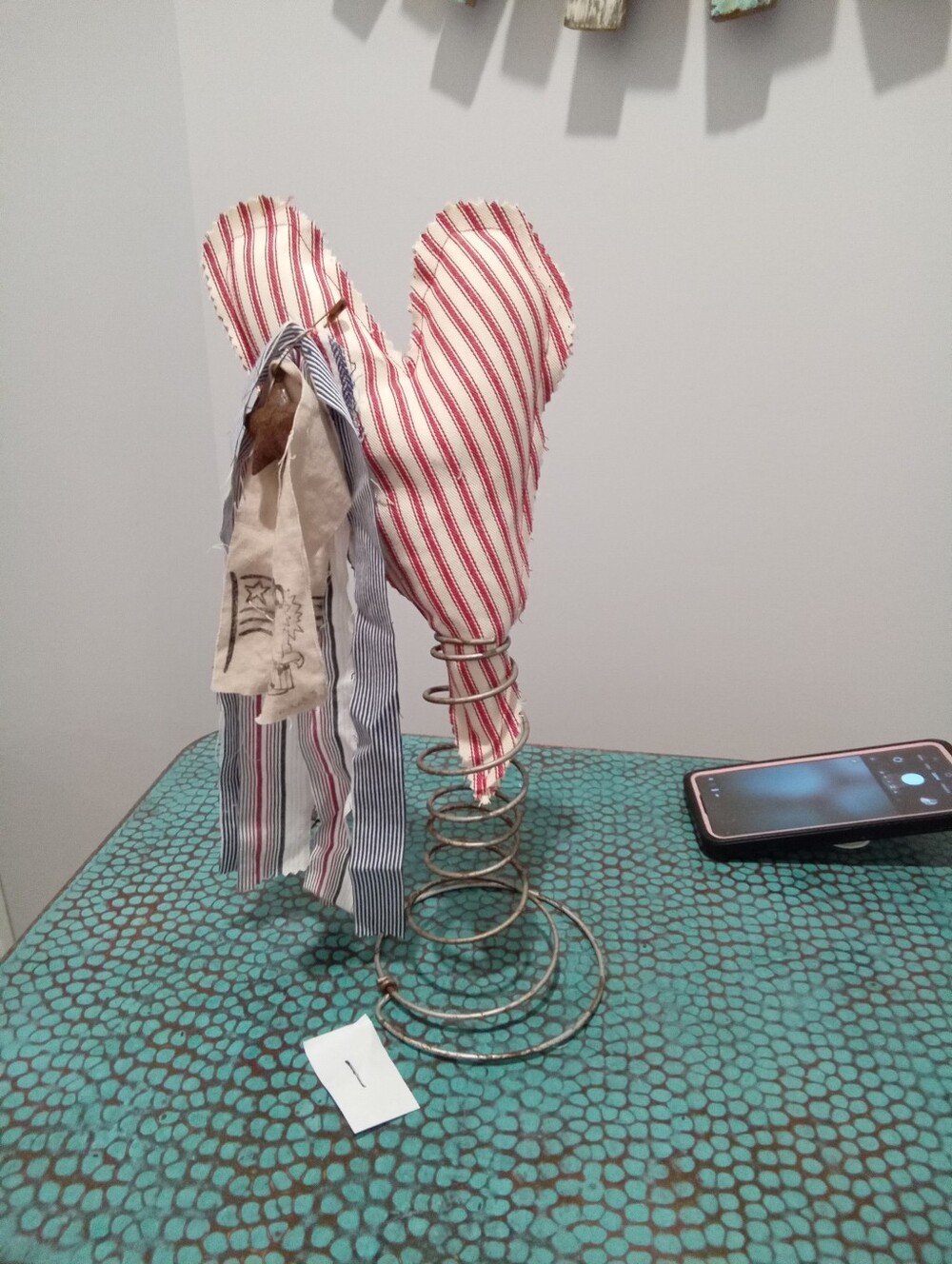 Patriotic Americana Holiday Decor Striped Red & White Fabric Heart with Rag Bows